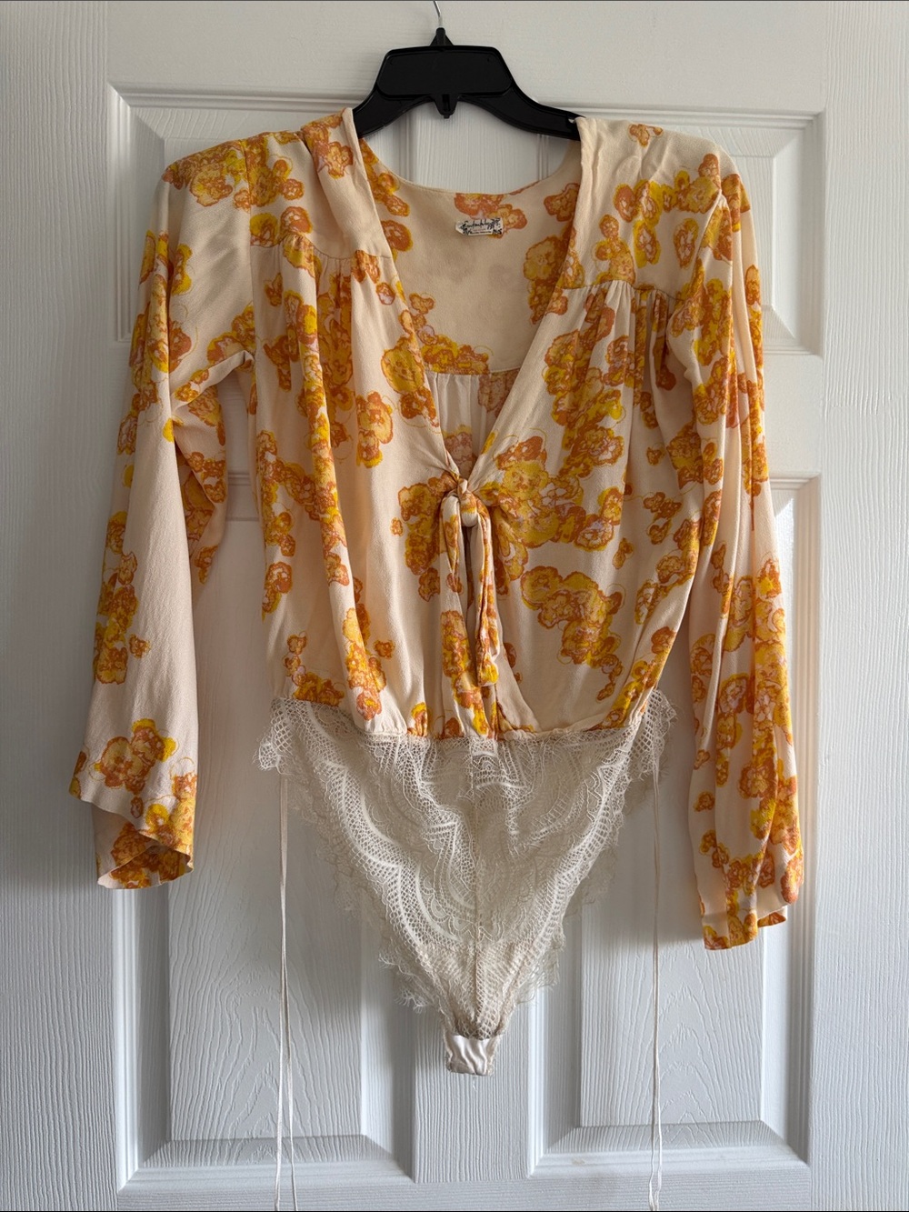Free People Cream Floral Tie-Front Lace Bodysuit with Yellow Print